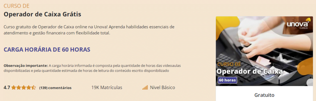 Curso grátis de operador de caixa