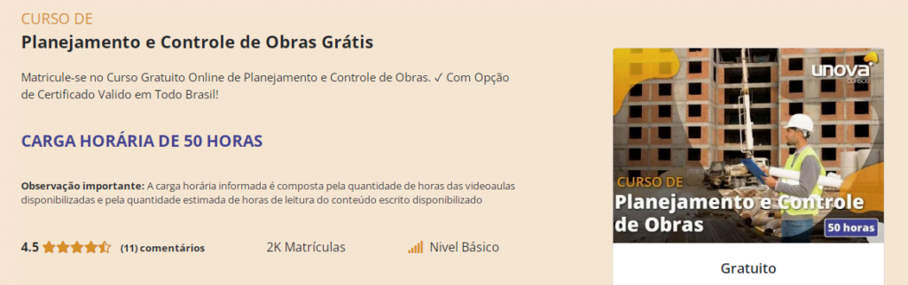 Curso grátis de planejamento e controle de obras