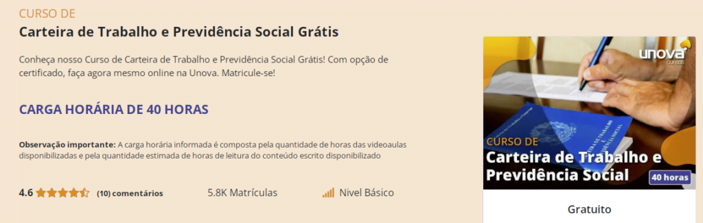 Curso grátis de carteira de trabalho e Previdência Social
