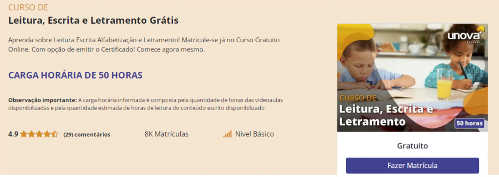 Curso de leitura e escrita na alfabetização e letramento grátis
