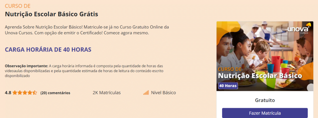 Curso grátis de nutrição escolar