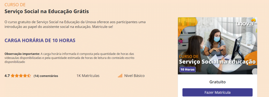 Curso grátis de serviço social na educação