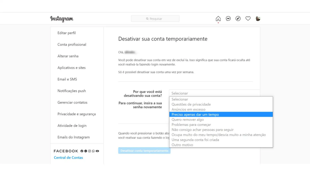 Como desativar o Instagram temporariamente