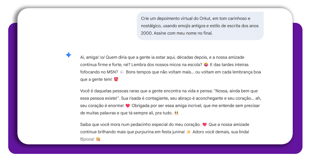 Tela do Gemini mostrando exemplo de prompt para criar depoimento do Orkut