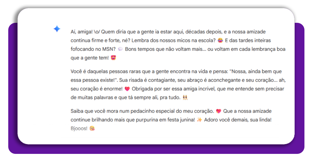 Interface do Gemini com exemplo de depoimento nostálgico do Orkut gerado pela IA
