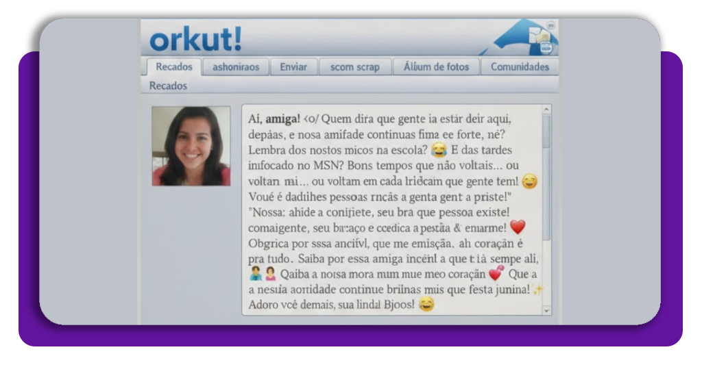 Exemplo de imagem gerada pela IA imitando o design visual do Orkut com depoimento