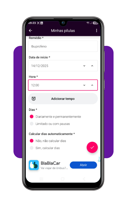 Tela de configuração do medicamento no app com campos para preencher