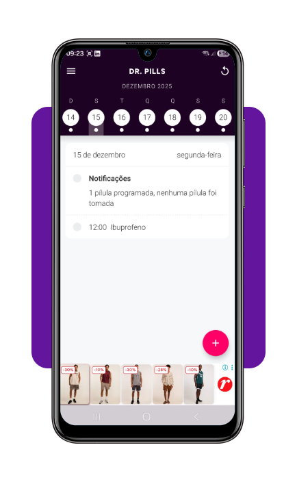 Calendário do app mostrando medicamentos salvos por data