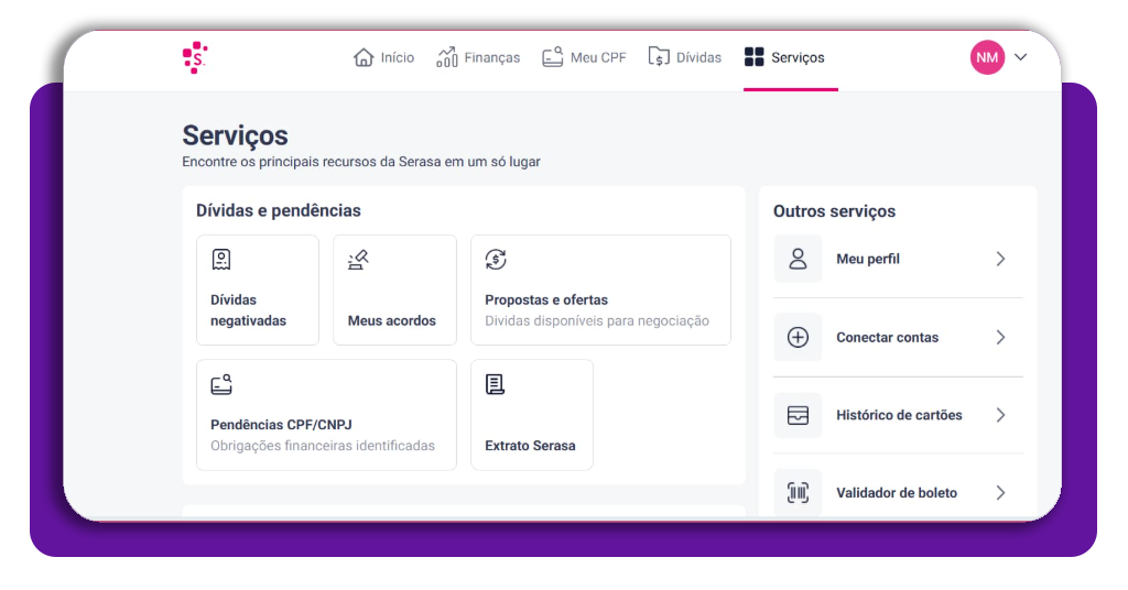 Tela inicial do app Serasa destacando a seção Serviços