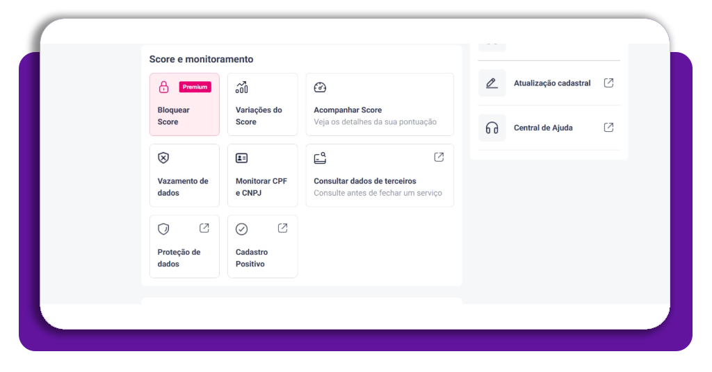 Tela do app Serasa com opções Score e monitoramento e Vazamento de dados