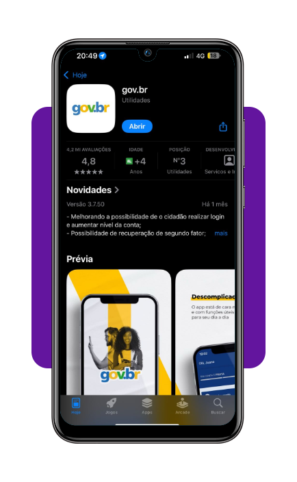 Tela inicial do aplicativo Gov.BR mostrando como fazer login