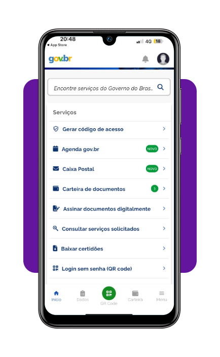 Menu do aplicativo mostrando a opção Meus Documentos