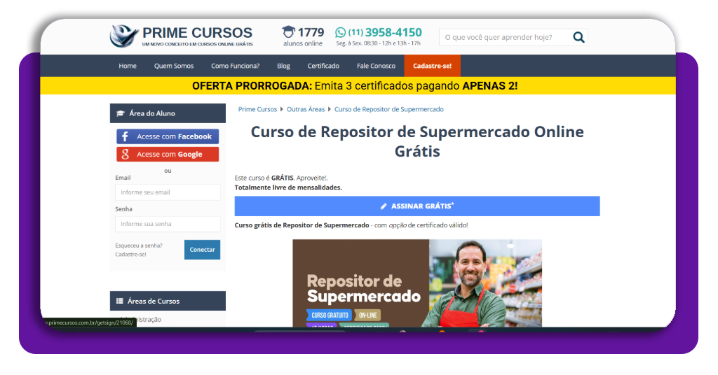 Tela do site Prime Cursos mostrando botão Assinar grátis