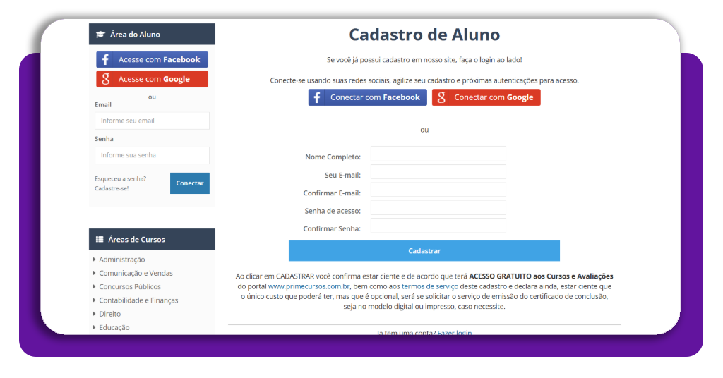 Formulário de cadastro no site Prime Cursos