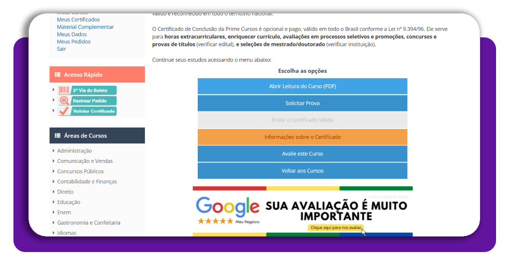 Tela do curso mostrando botão para acessar o PDF