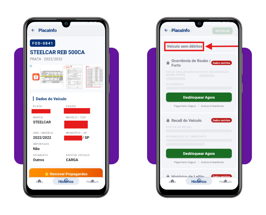 Relatório detalhado de multas e débitos exibido pelo app Consulta veículos Placa Multas