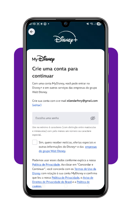 Passo 2 para criar conta no Disney+ — tela de criação de senha