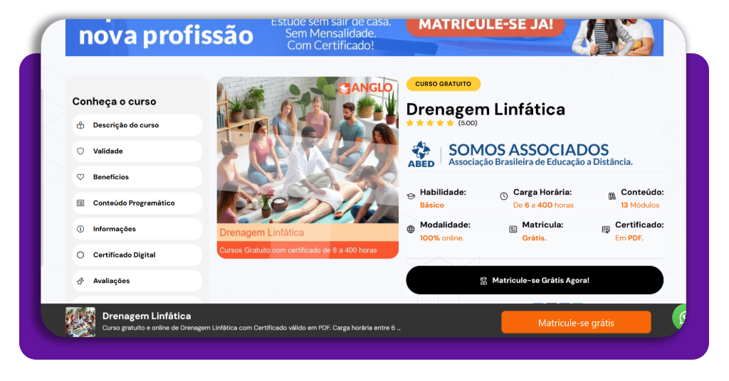 Passo 1 para se inscrever no curso grátis de drenagem linfática