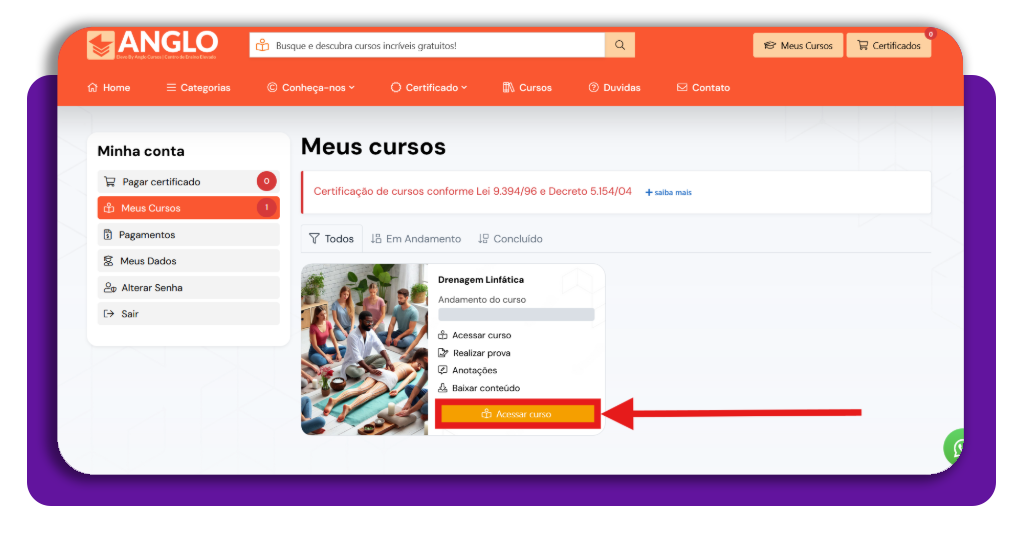 Passo 3 para acessar o conteúdo do curso de drenagem linfática