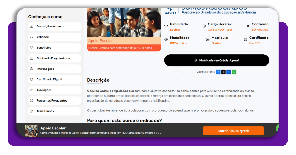 Tela de acesso ao curso de auxiliar de apoio escolar na plataforma Anglo Cursos