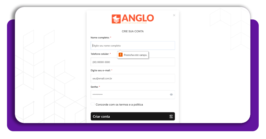 Formulário de cadastro na plataforma Anglo Cursos para o curso de apoio escolar