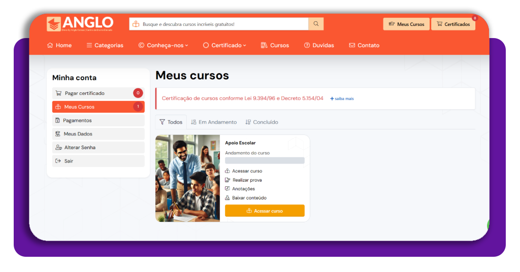 Tela de acesso ao primeiro módulo do curso de auxiliar de apoio escolar