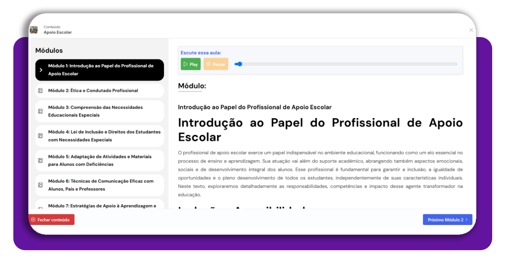 Módulo de aula do curso de auxiliar de apoio escolar na Anglo Cursos