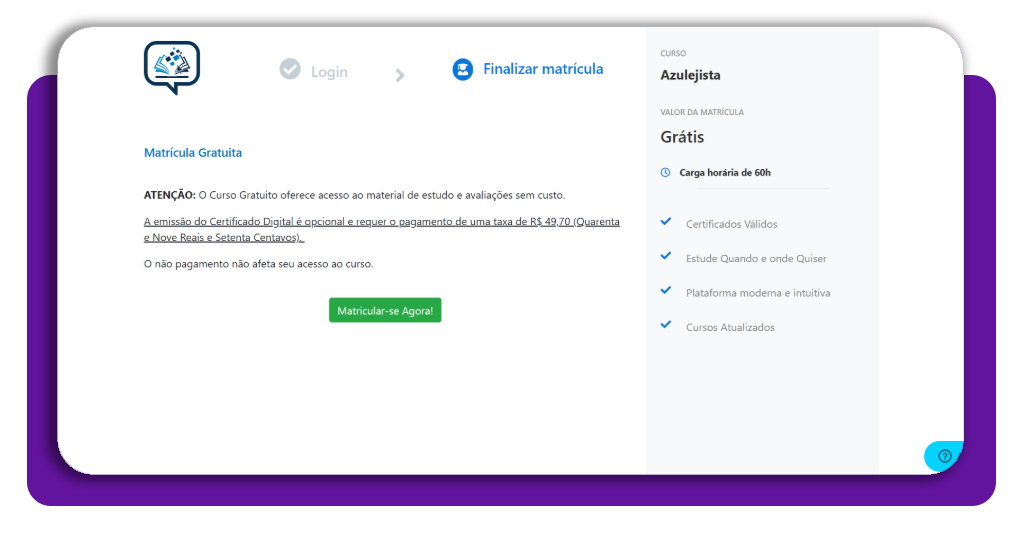 Confirmação de matrícula gratuita no curso de assentador de azulejo