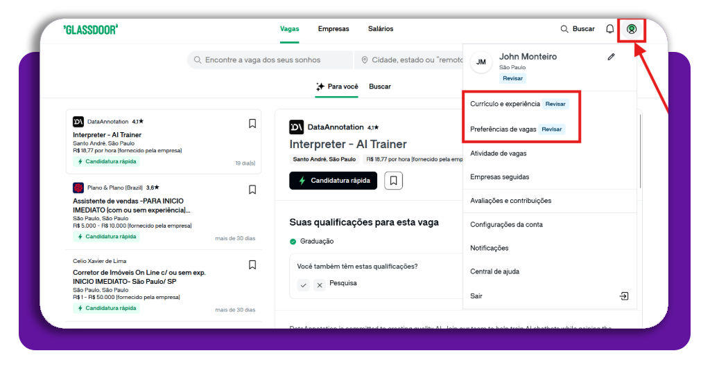 Passo 3 preenchimento de documentos no Glassdoor