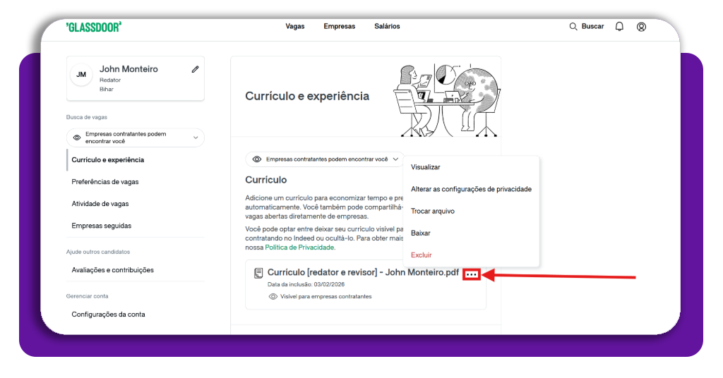 Passo 4 upload do currículo no Glassdoor