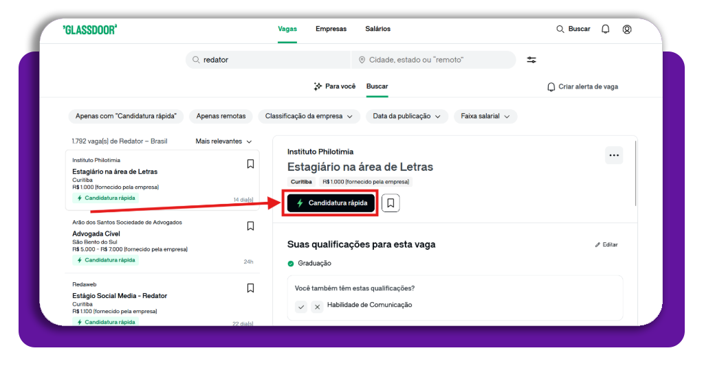 Passo 6 envio da candidatura no Glassdoor