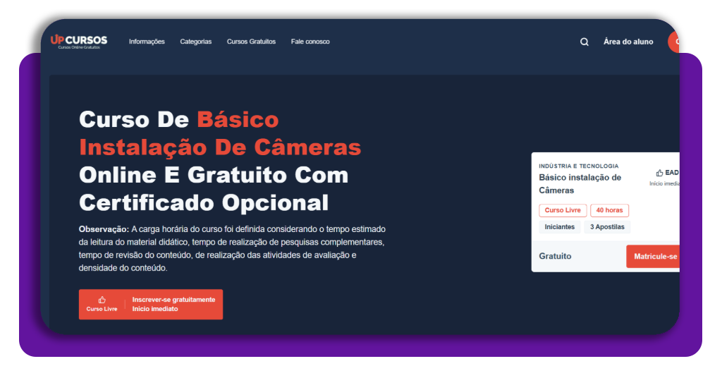 Página do curso de instalador de câmeras na plataforma UP Cursos