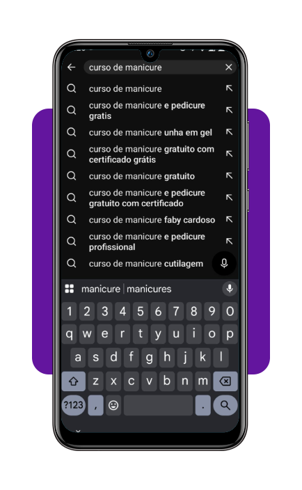 Barra de pesquisa do YouTube com termos de busca sobre manicure