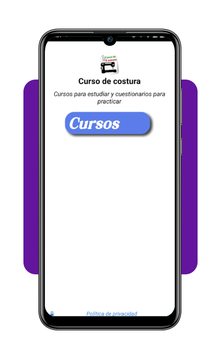 Manual da costureira: moldes e aulas de costura 100% grátis 2 Tela inicial do app Curso de Costura com o botão Cursos