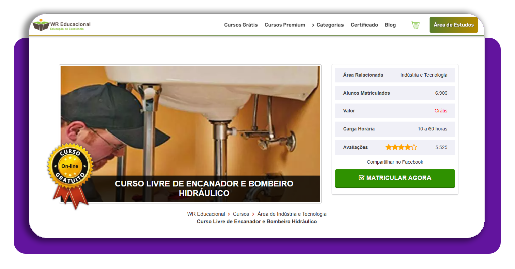 Página de matrícula do curso de encanador de emergência na WR Educacional