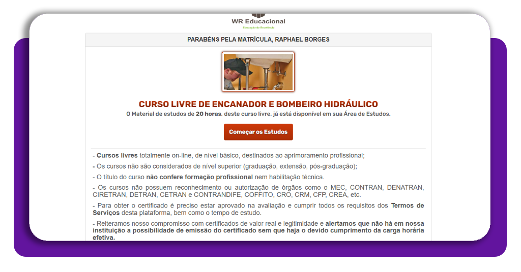 Aulas do curso de encanador de emergência disponíveis na plataforma