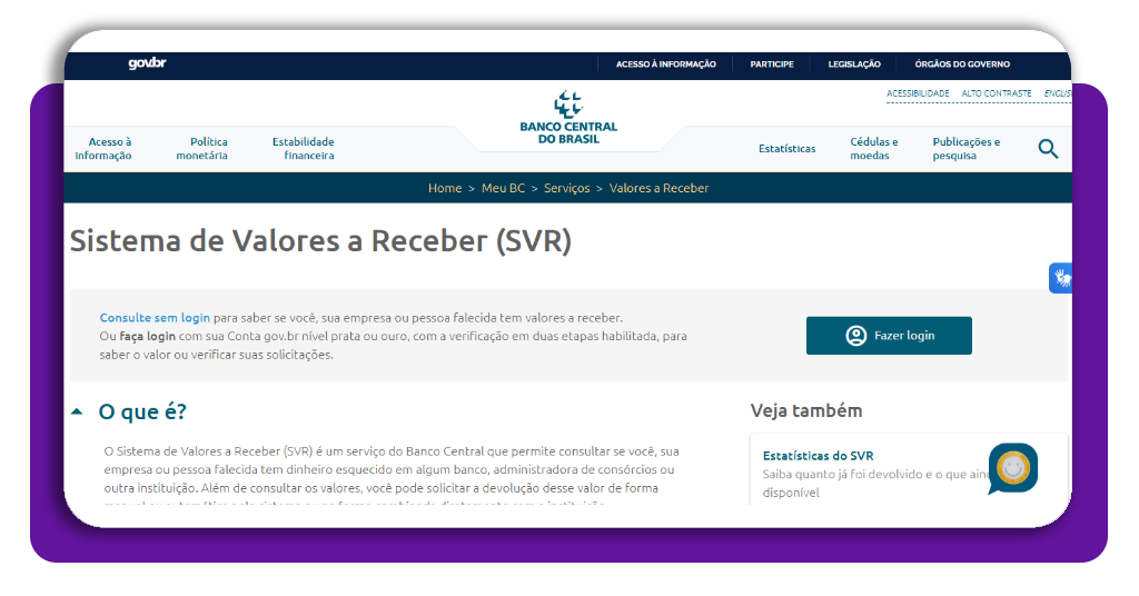 Tela do portal oficial do Sistema de Valores a Receber