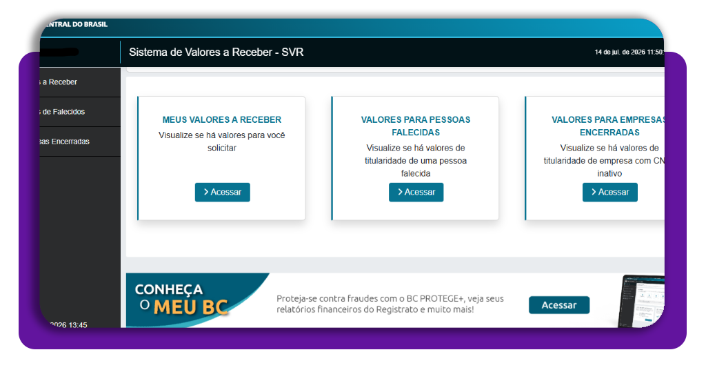 Tela com a opção Meus Valores a Receber no portal do Banco Central