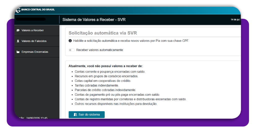 Tela de solicitação de resgate de valores no Sistema de Valores a Receber