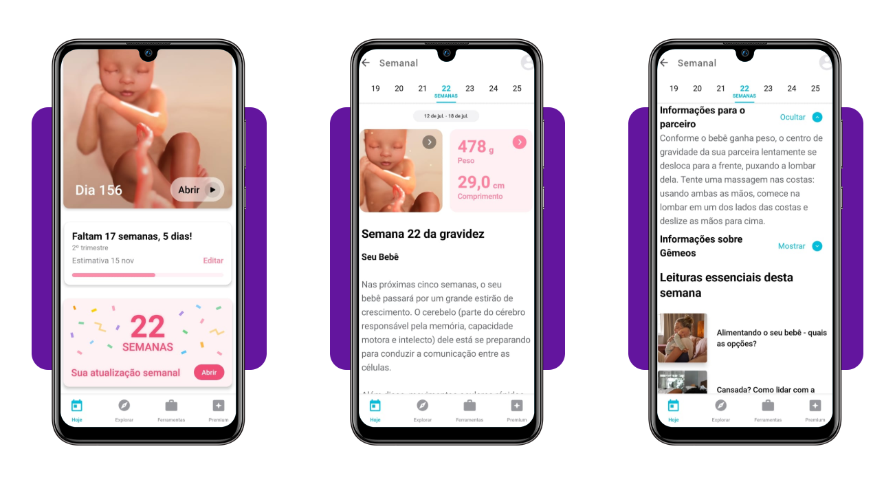 Tela de atualização semanal do aplicativo Gravidez+ mostrando desenvolvimento do bebê