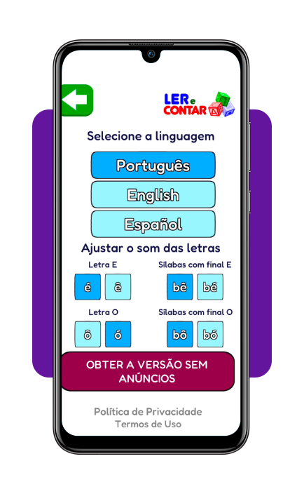 Tela de configurações do app Ler e Contar