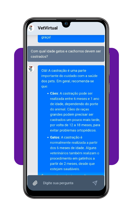 Campo de texto do chat VetVirtual onde o tutor digita a dúvida sobre o pet