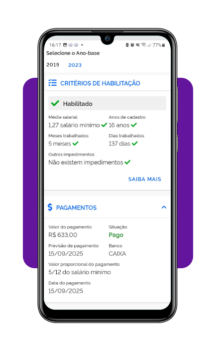 Tela com detalhes do novo PIS liberado, valor e data de pagamento